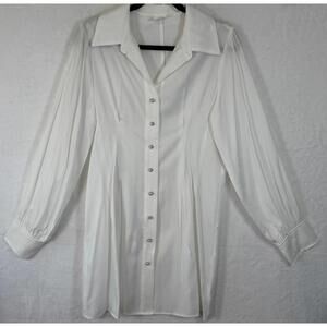 L.I.A Love, All White Balloon Sleeve Button Down Blouse Shirt Dress Size L Pearl